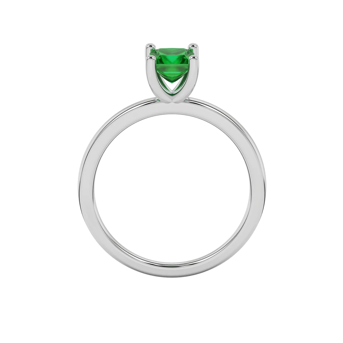 Princess emerald green gemstone ring, white gold four-prong setting.