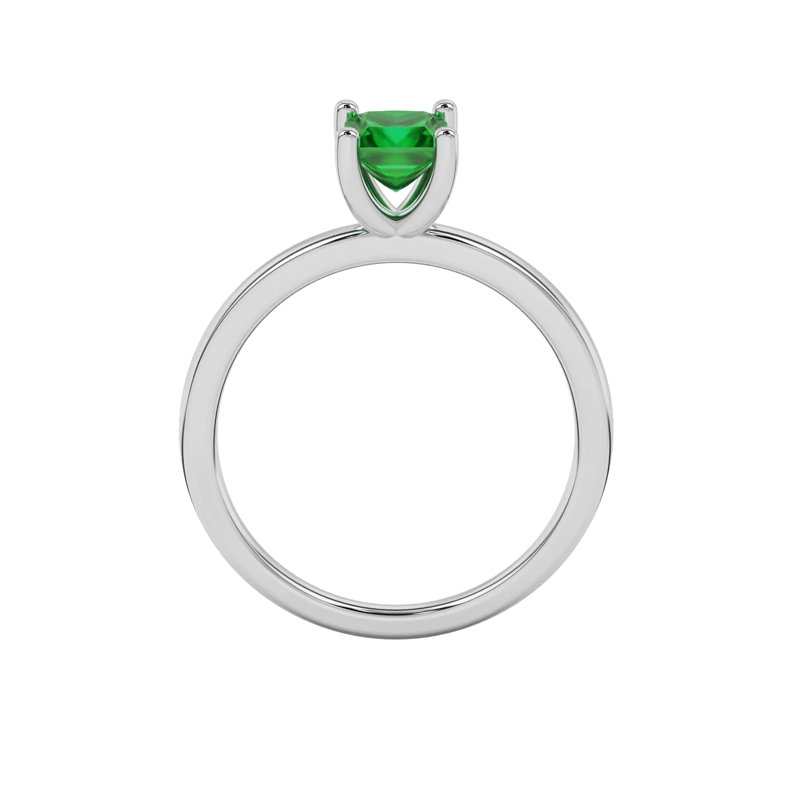 Princess emerald green gemstone ring, white gold four-prong setting.