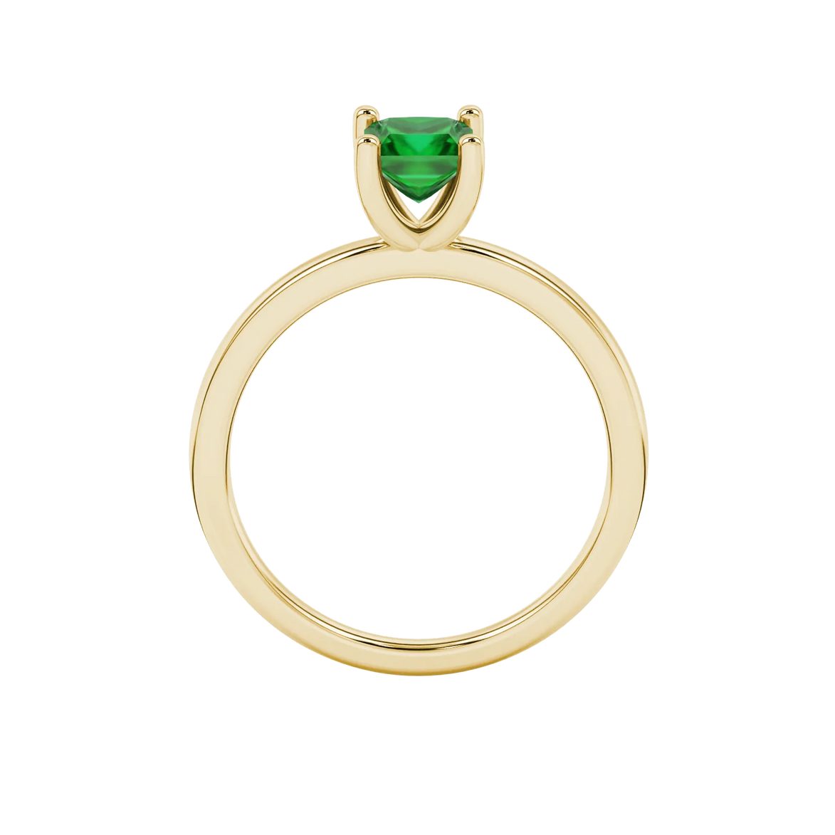 Princess emerald green gemstone ring, yellow gold four-prong setting.
