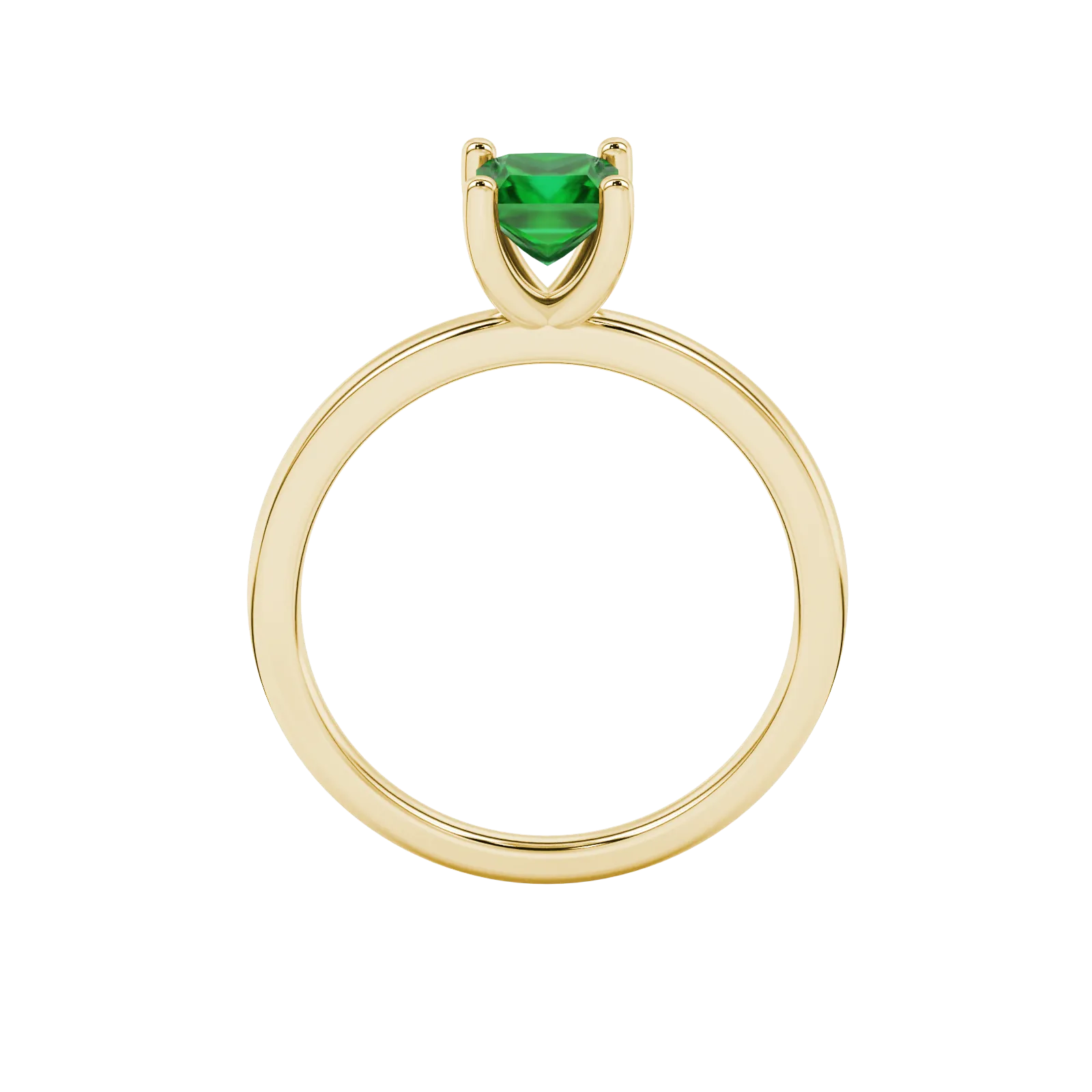 Princess emerald green gemstone ring, yellow gold four-prong setting.