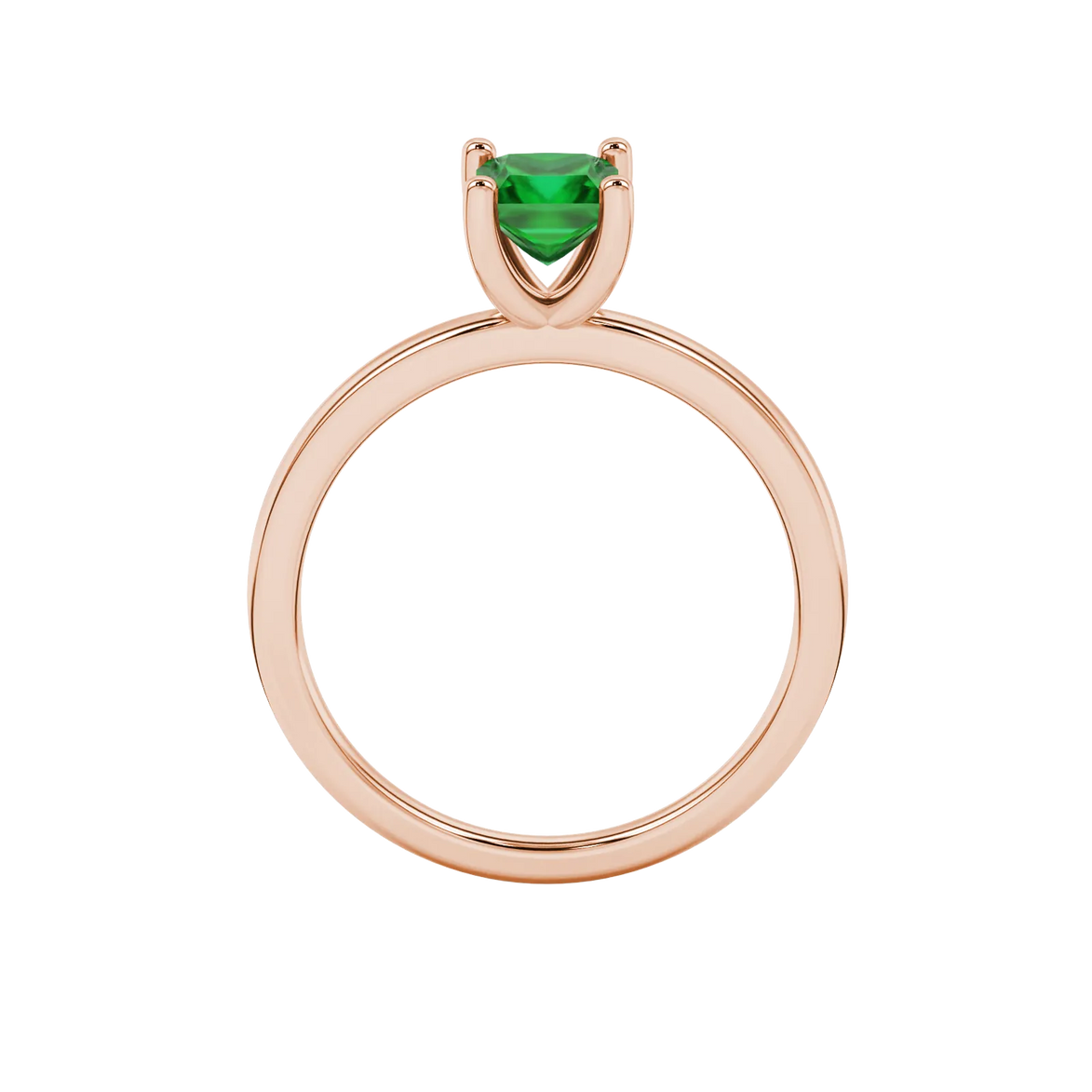 Princess emerald green gemstone ring, rose gold four-prong setting.