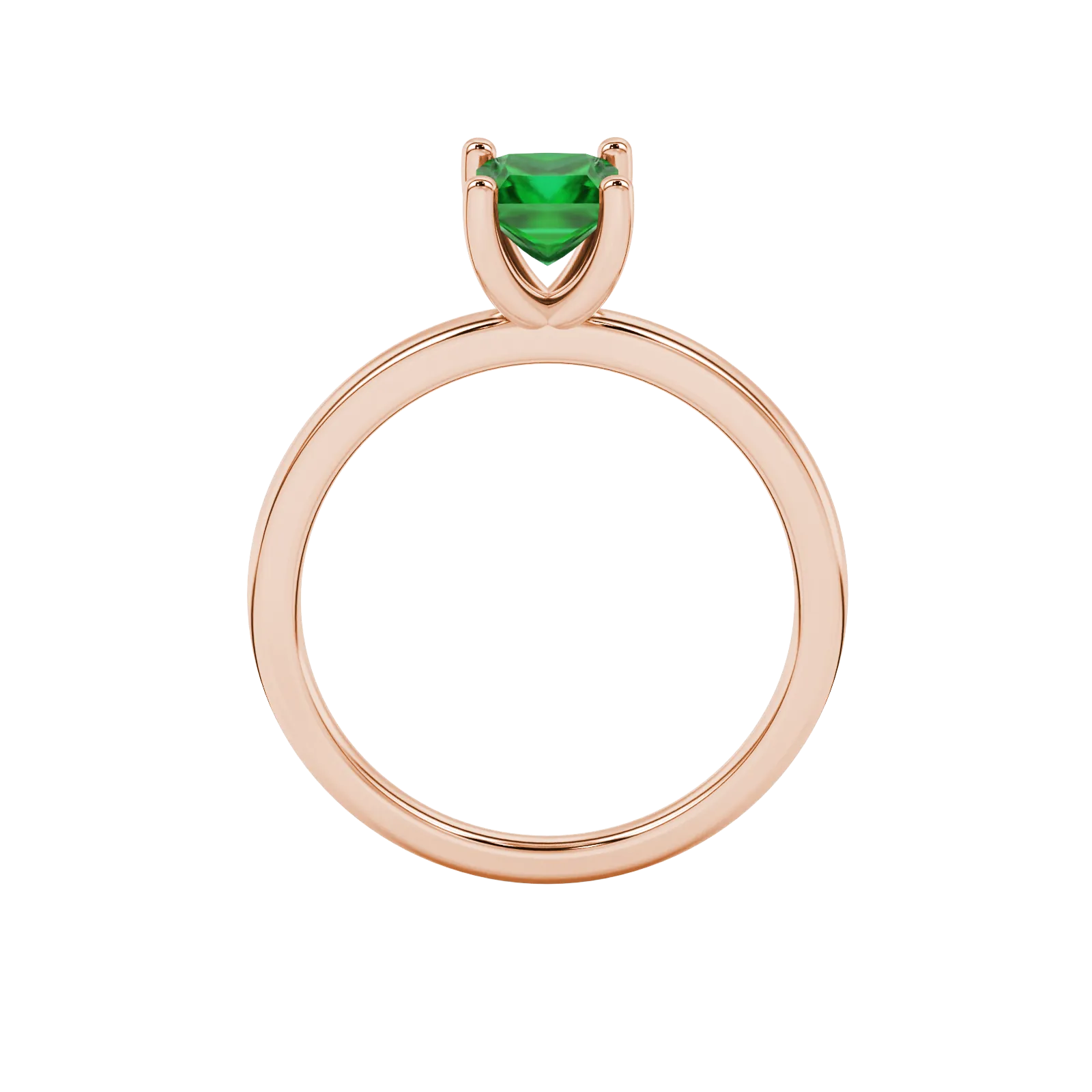 Princess emerald green gemstone ring, rose gold four-prong setting.