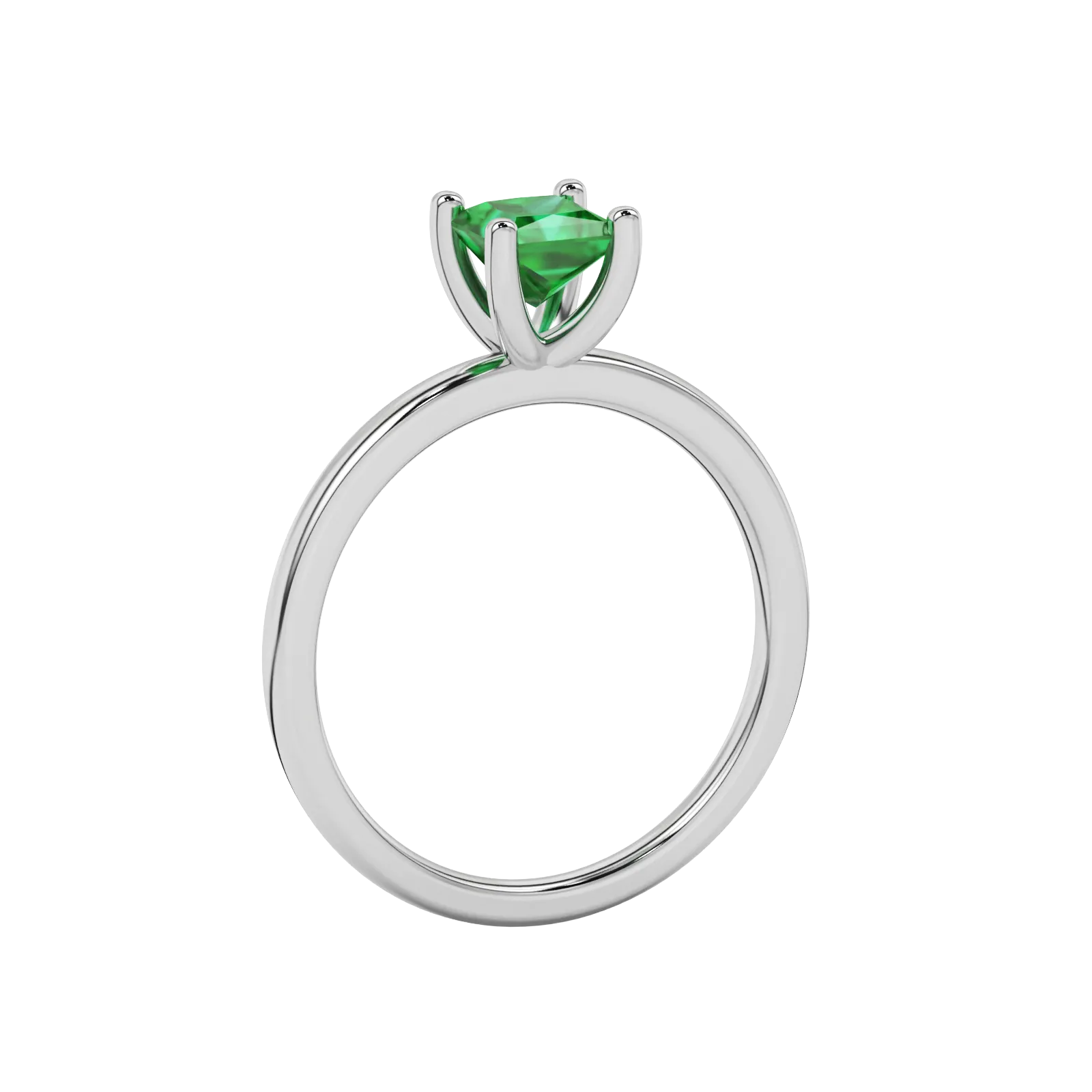 Side profile, white gold emerald green ring, four-prong gallery.
