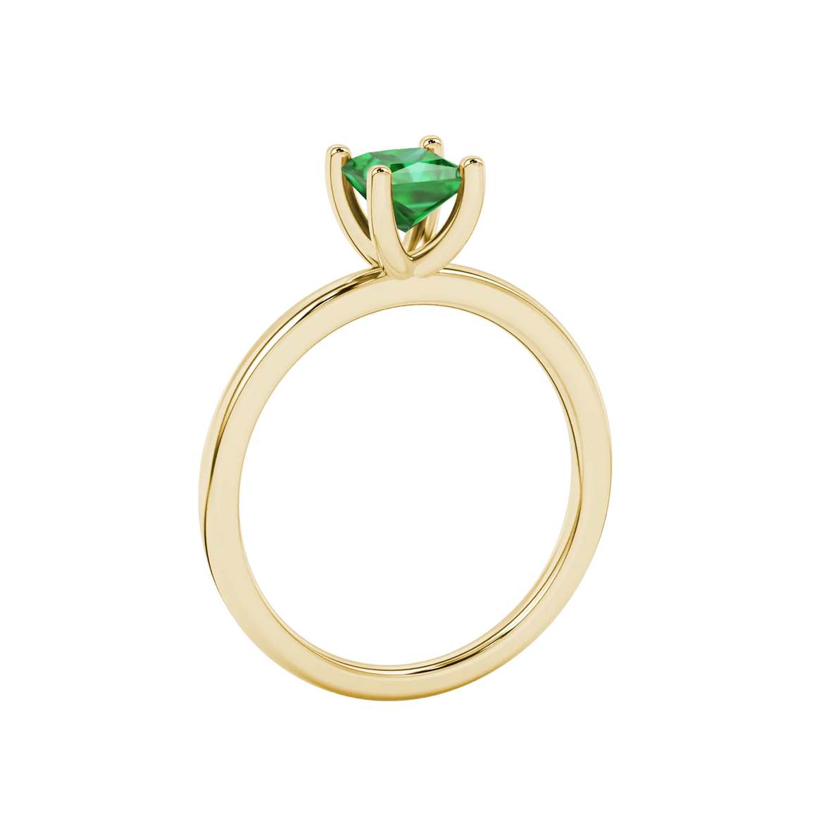 Side profile, yellow gold emerald green ring, four-prong gallery.