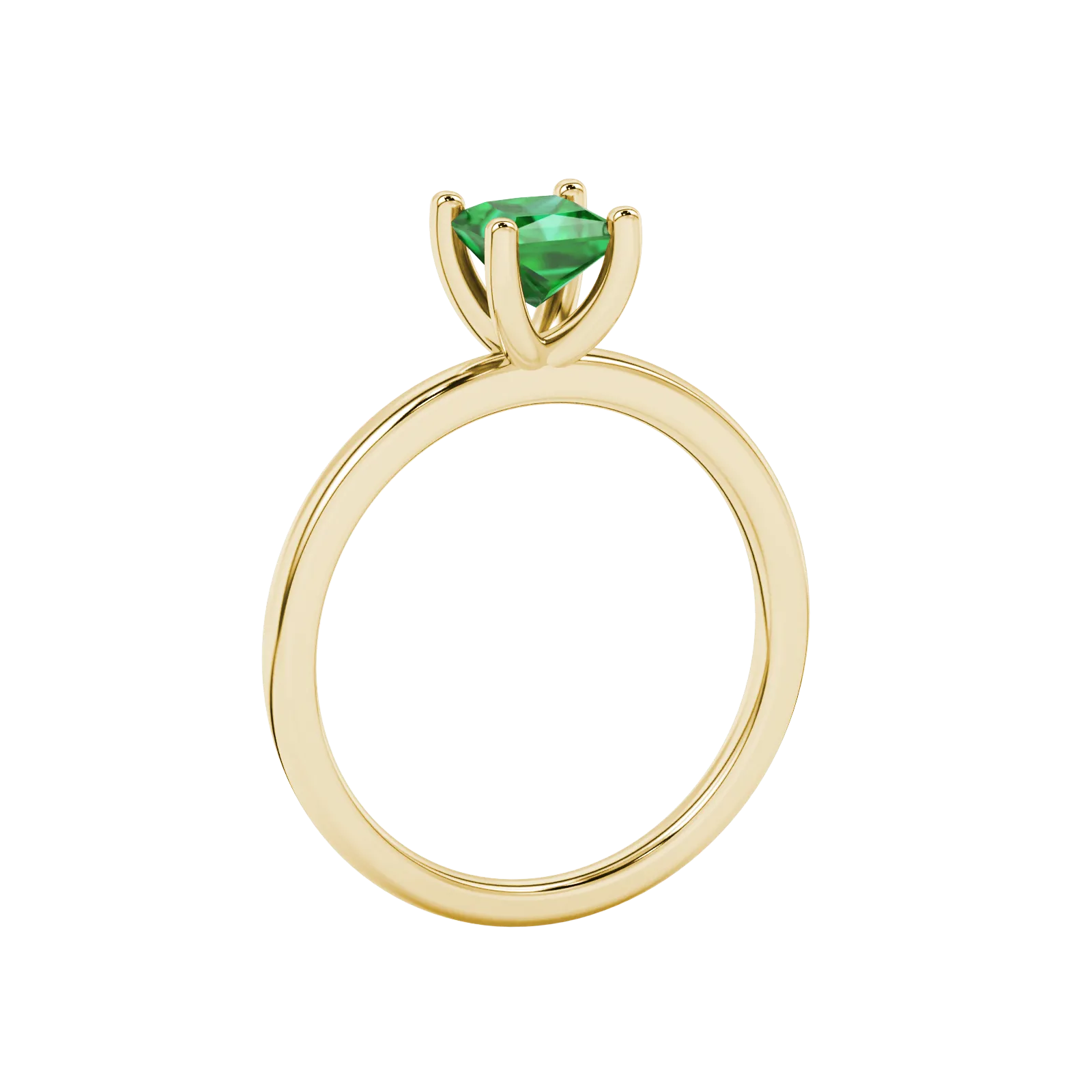 Side profile, yellow gold emerald green ring, four-prong gallery.