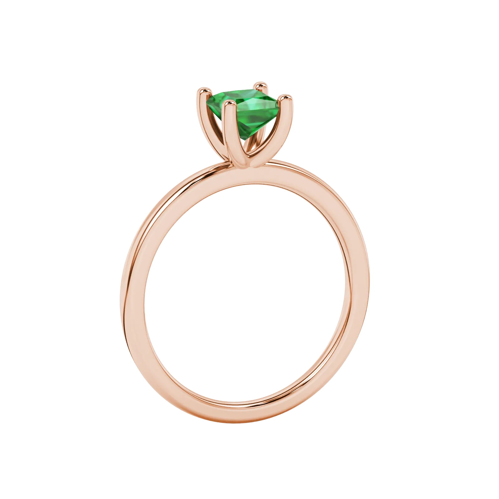 Side profile, rose gold emerald green ring, four-prong gallery.