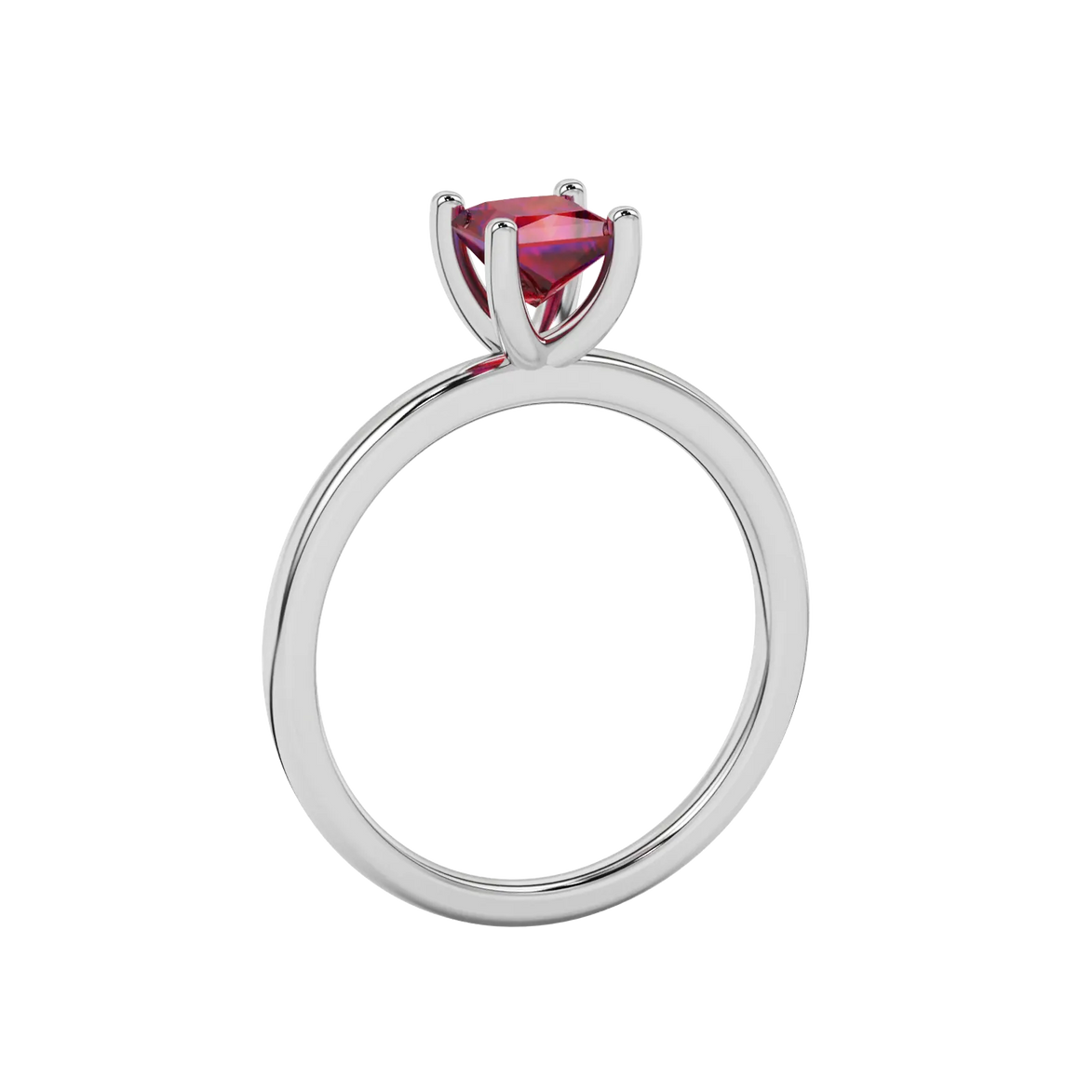 Side profile, white gold raspberry red ring, four-prong gallery.