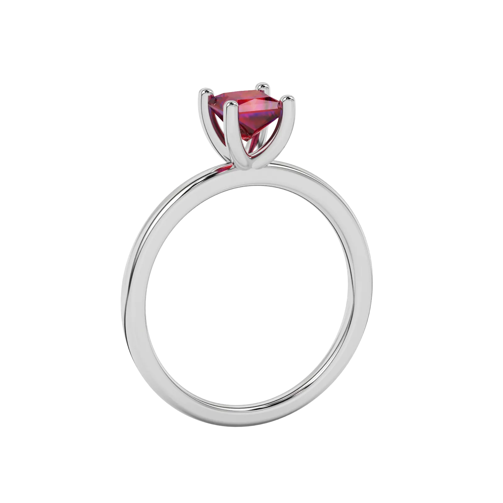 Side profile, white gold raspberry red ring, four-prong gallery.