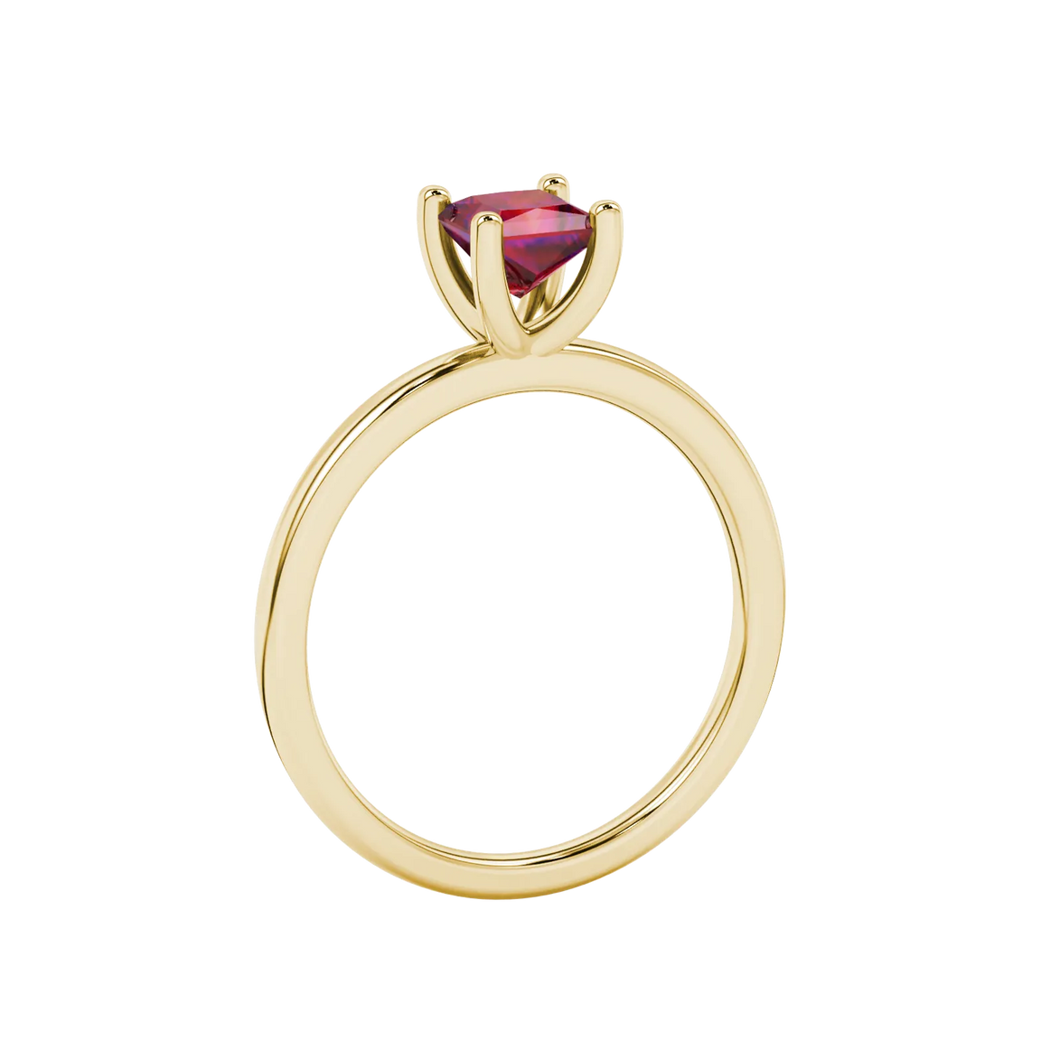 Side profile, yellow gold raspberry red ring, four-prong gallery.