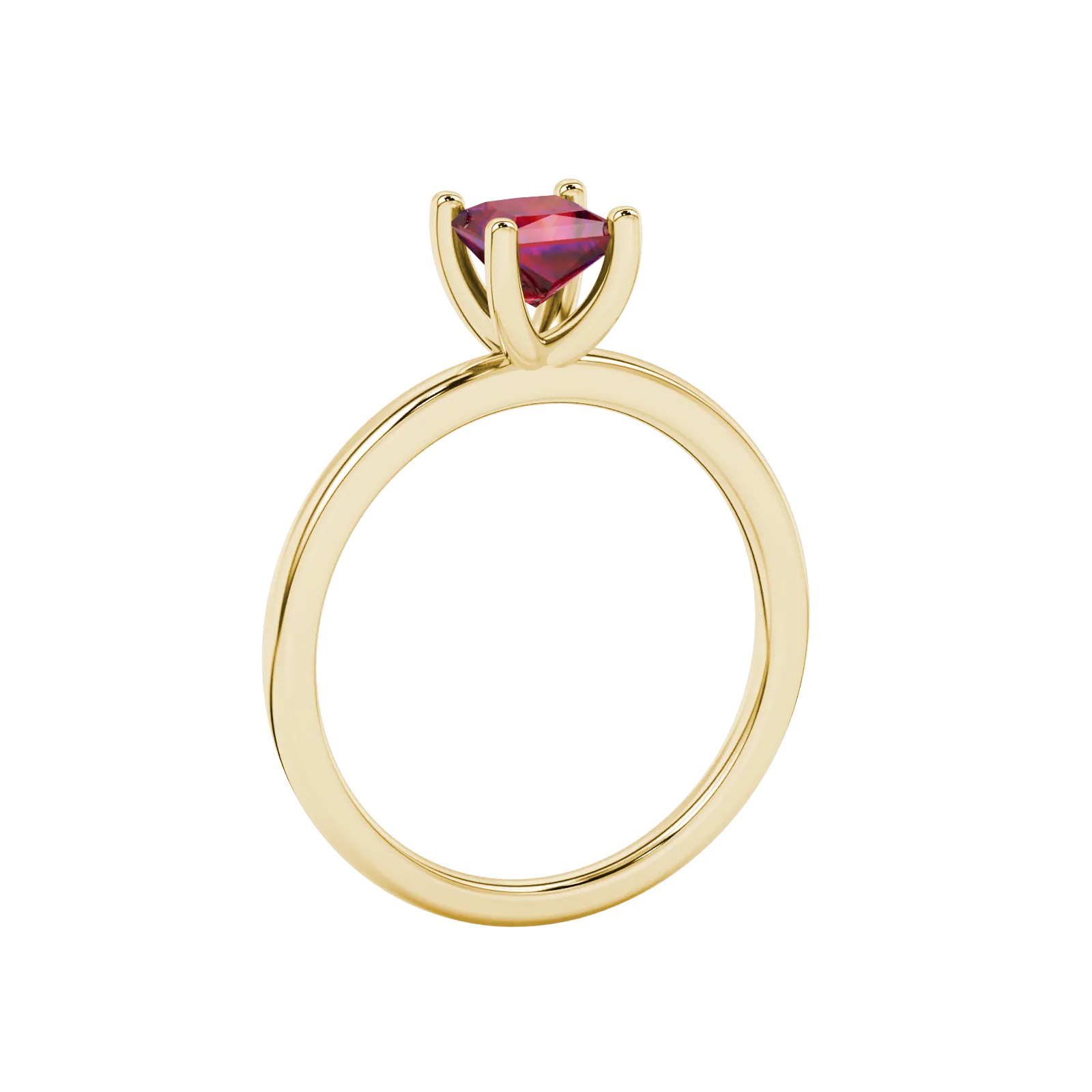 Side profile, yellow gold raspberry red ring, four-prong gallery.