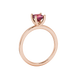 Side profile, rose gold raspberry red ring, four-prong gallery.