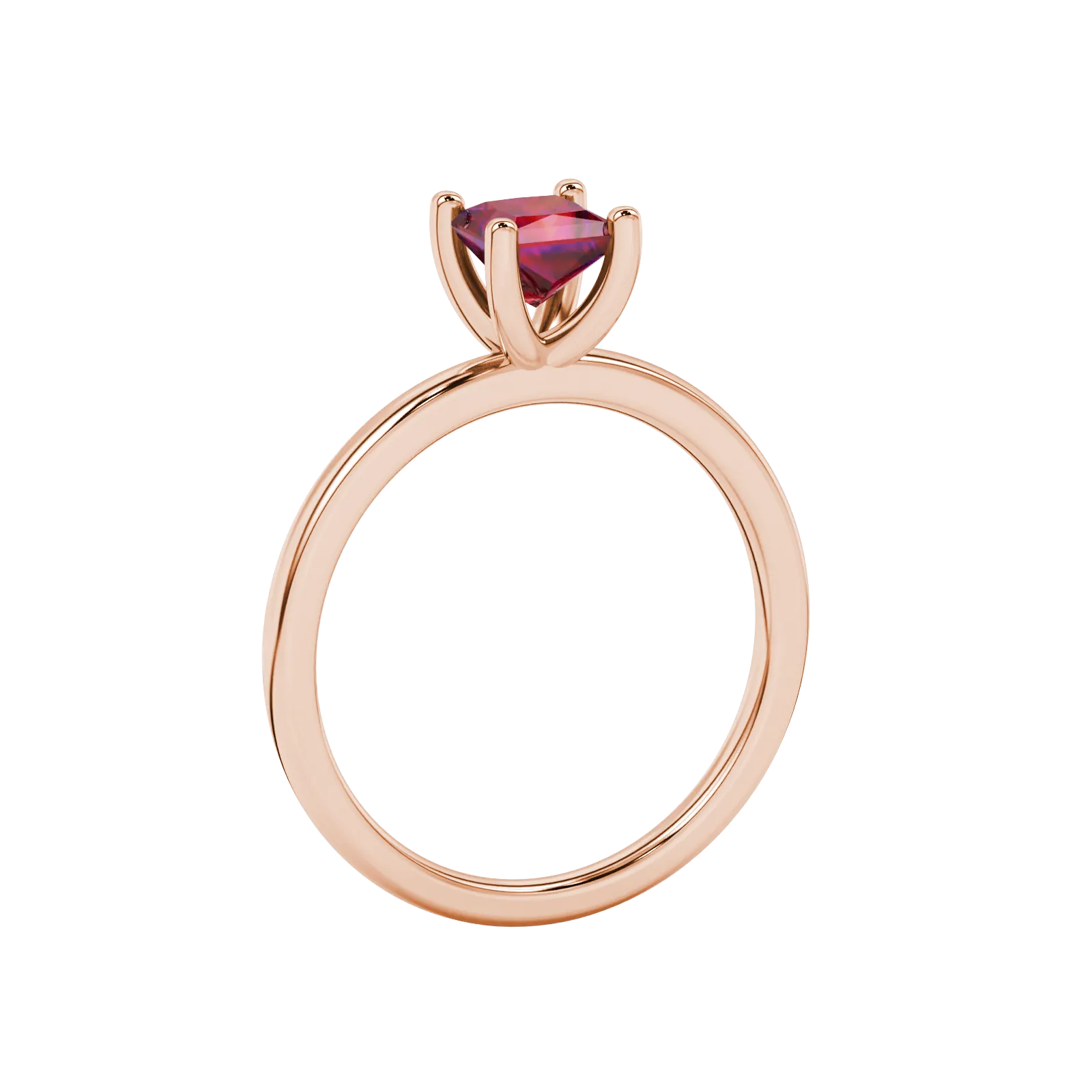 Side profile, rose gold raspberry red ring, four-prong gallery.