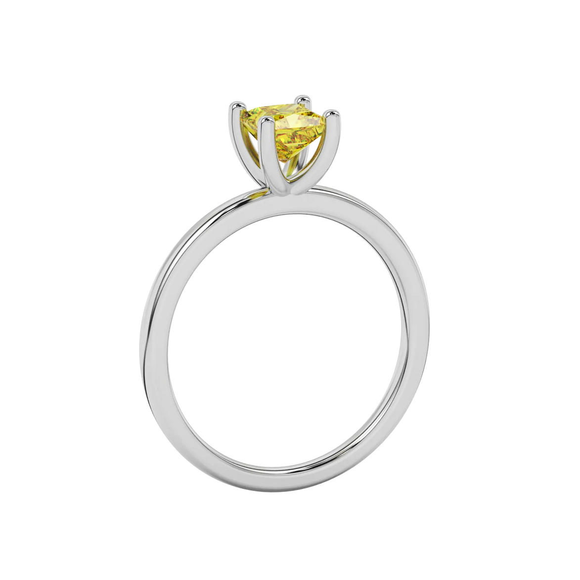Side profile, white gold canary yellow ring, four-prong gallery.