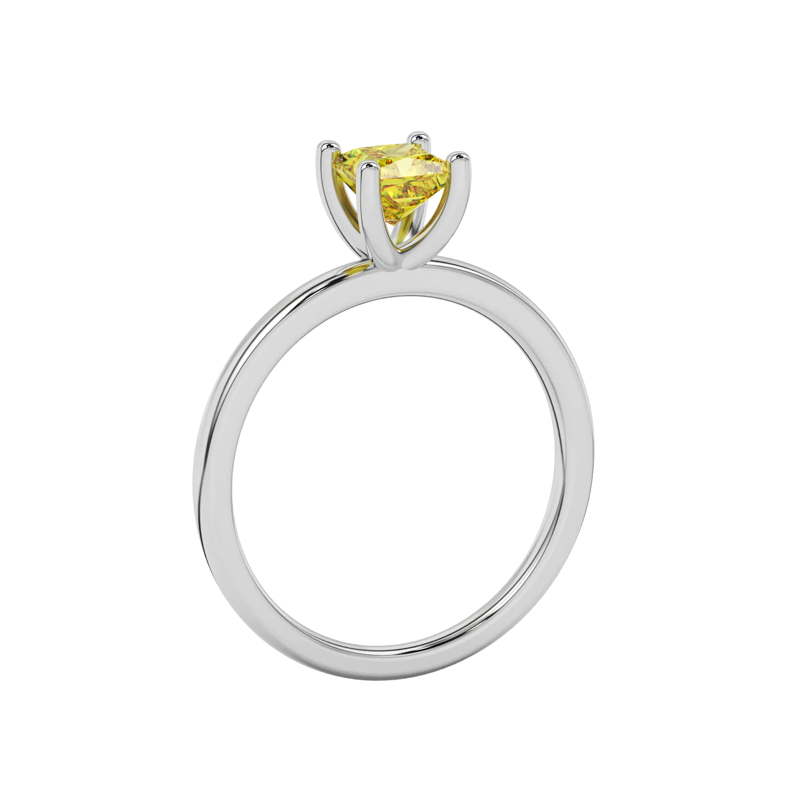 Side profile, white gold canary yellow ring, four-prong gallery.
