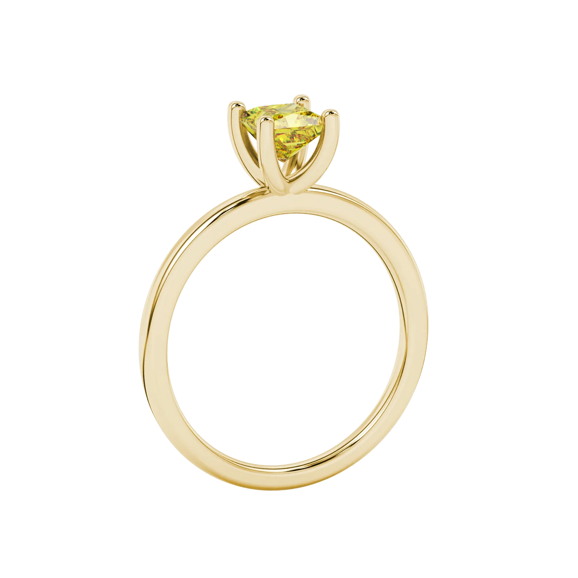 Side profile, yellow gold canary yellow ring, four-prong gallery.