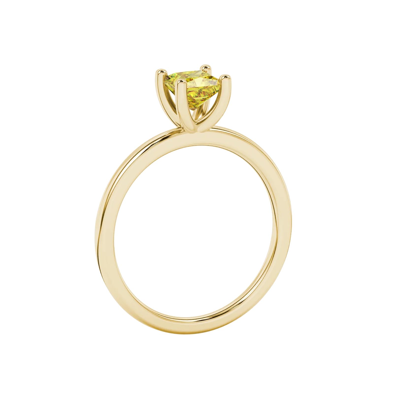 Side profile, yellow gold canary yellow ring, four-prong gallery.