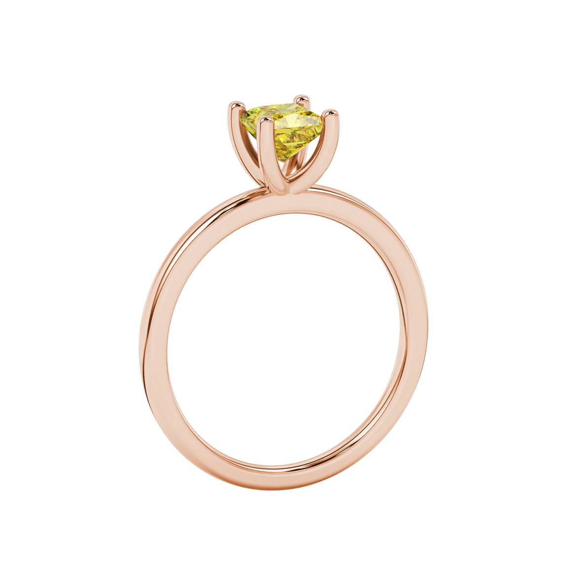 Side profile, rose gold canary yellow ring, four-prong gallery.