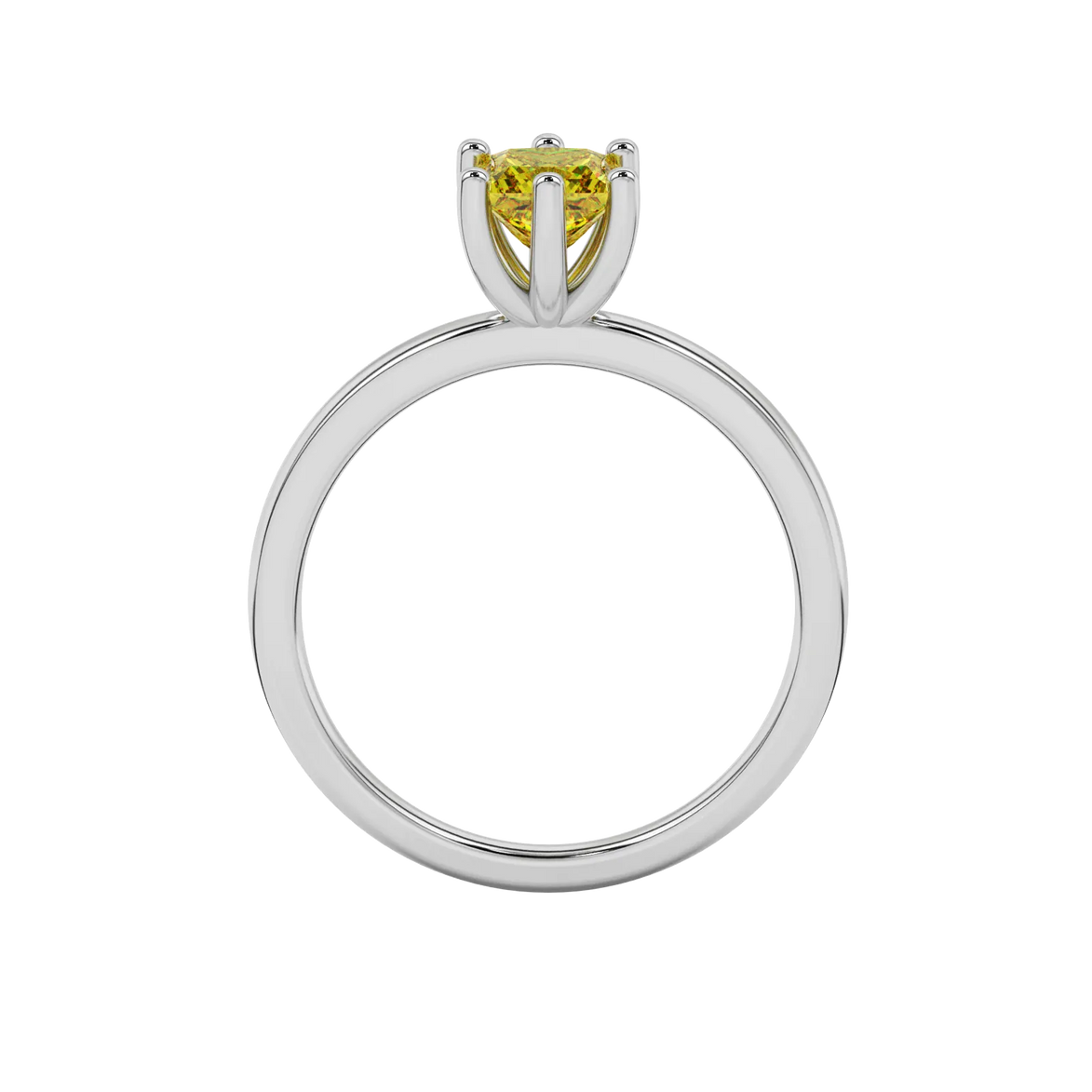 Princess canary yellow gemstone ring, white gold six-prong setting.