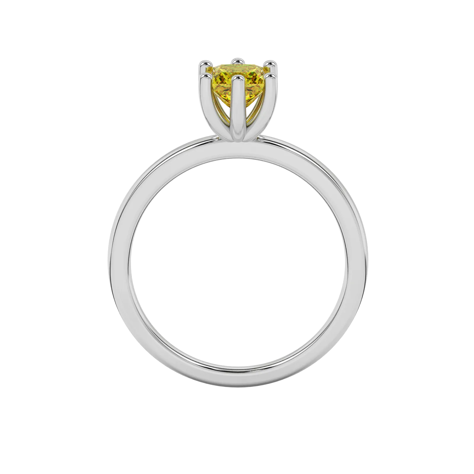 Princess canary yellow gemstone ring, white gold six-prong setting.