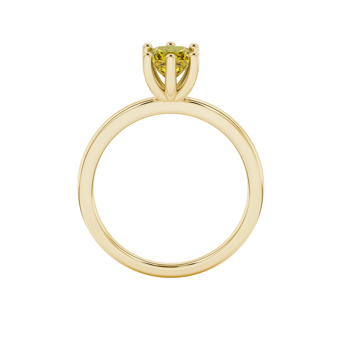 Princess canary yellow gemstone ring, yellow gold six-prong setting.