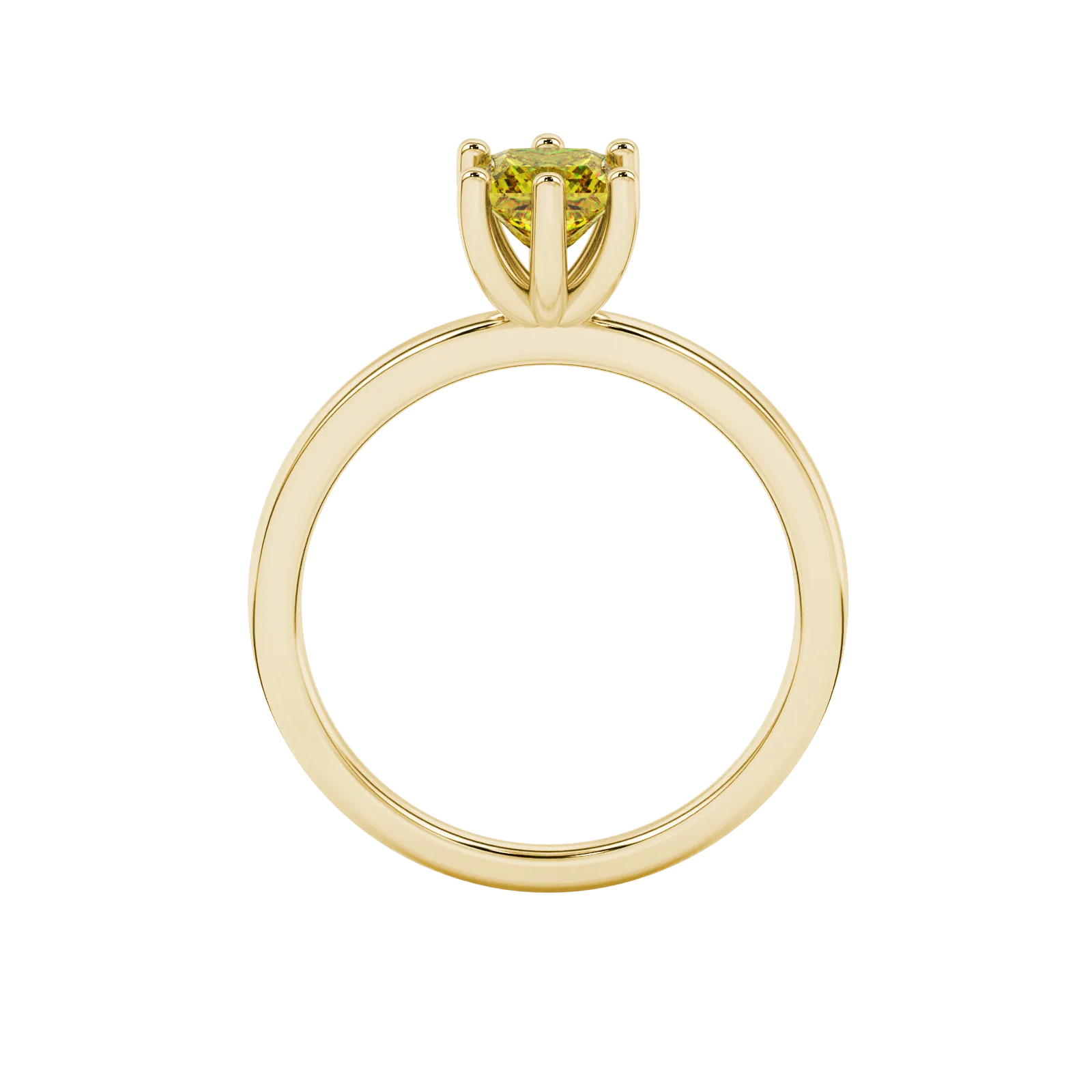 Princess canary yellow gemstone ring, yellow gold six-prong setting.