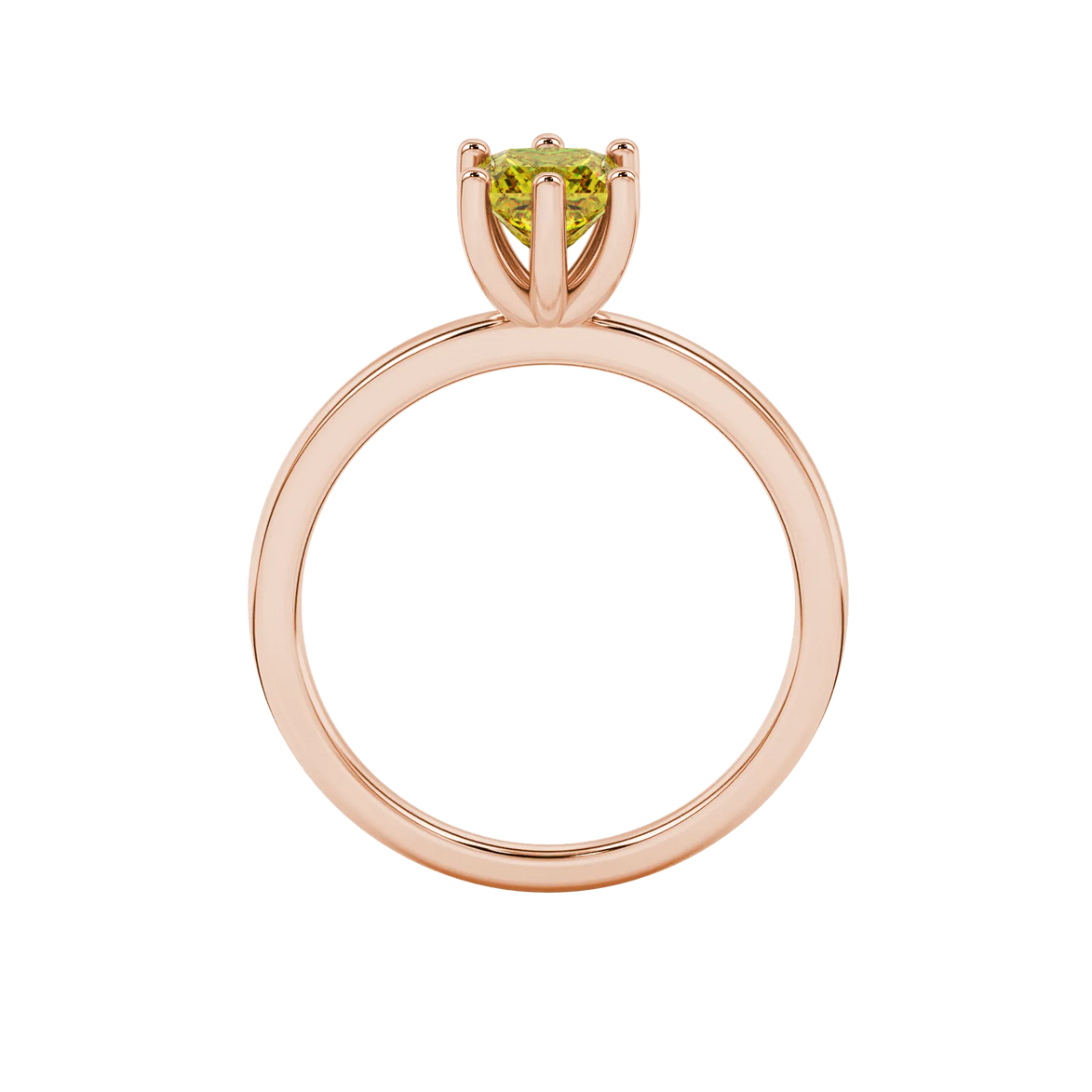 Princess canary yellow gemstone ring, rose gold six-prong setting.