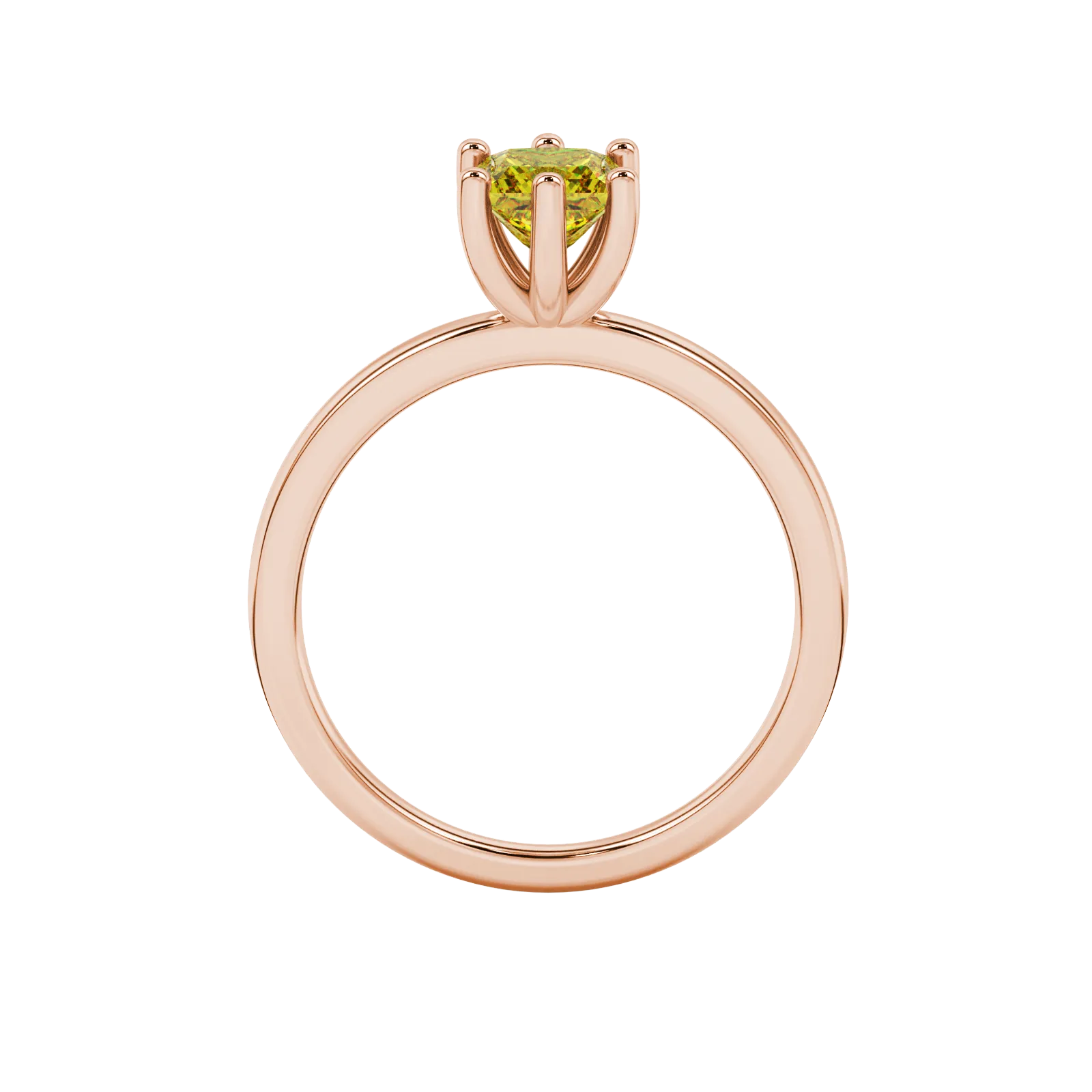 Princess canary yellow gemstone ring, rose gold six-prong setting.