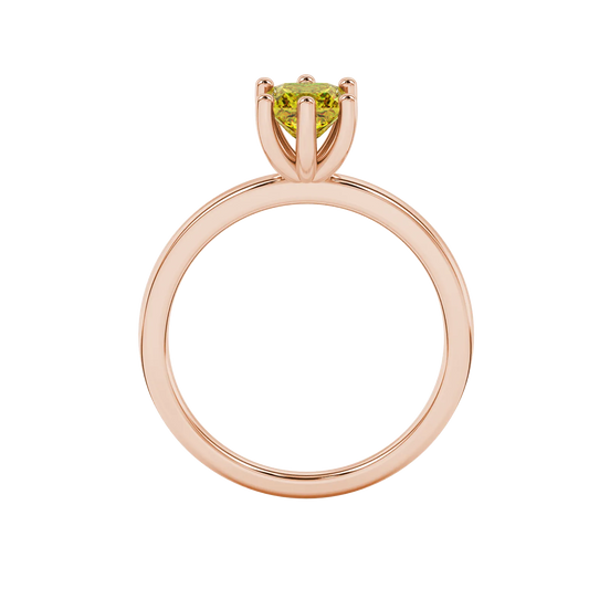 Princess canary yellow gemstone ring, rose gold six-prong setting.