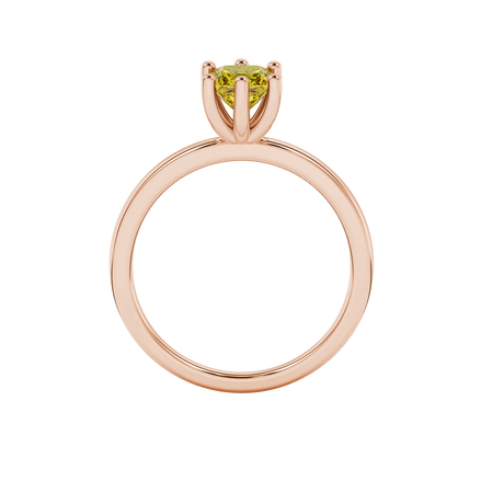 Princess canary yellow gemstone ring, rose gold six-prong setting.