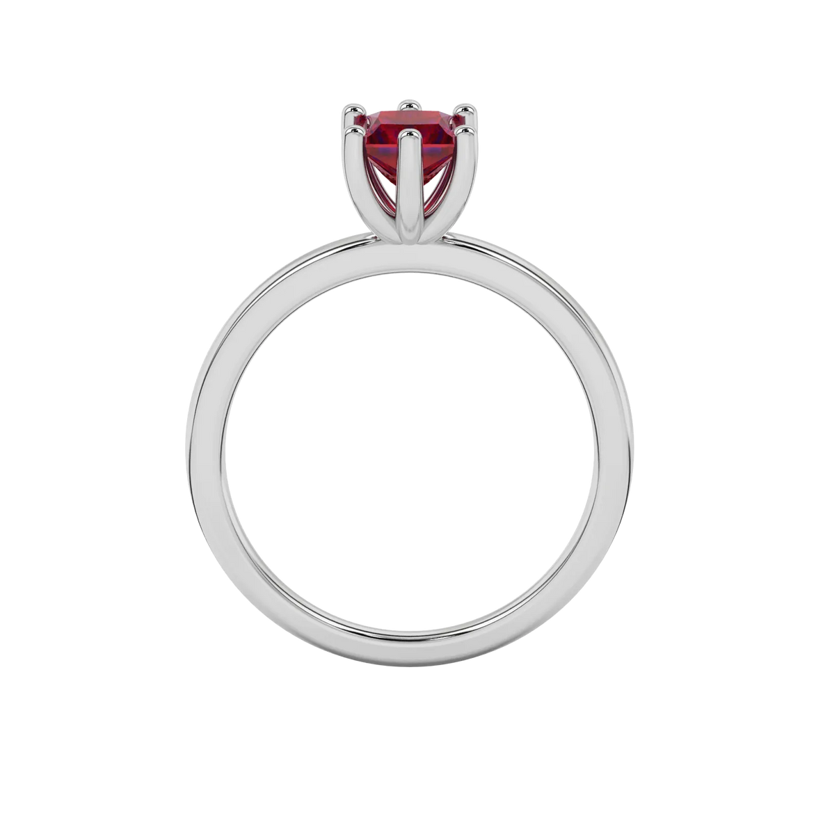 Princess raspberry red gemstone ring, white gold six-prong setting.