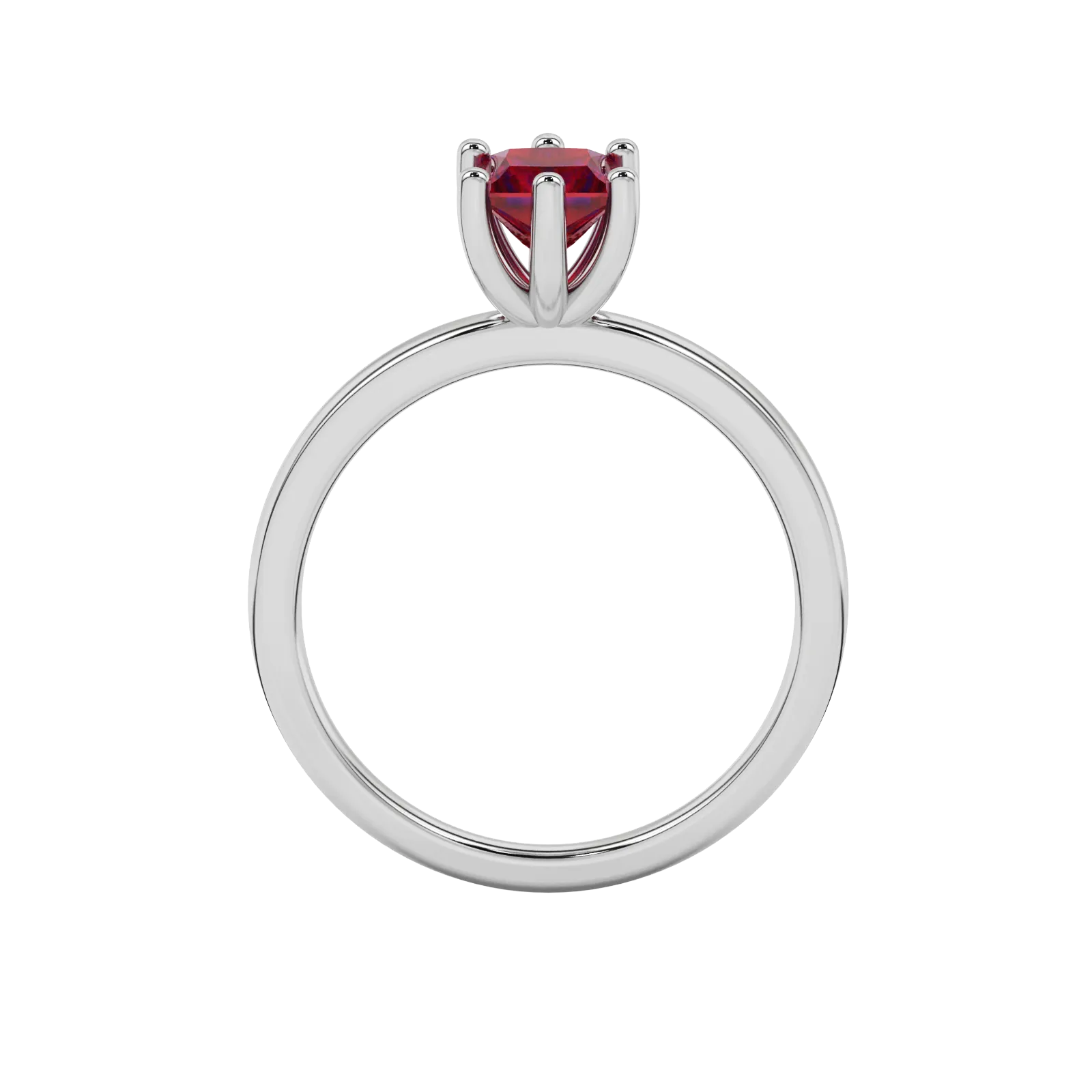 Princess raspberry red gemstone ring, white gold six-prong setting.