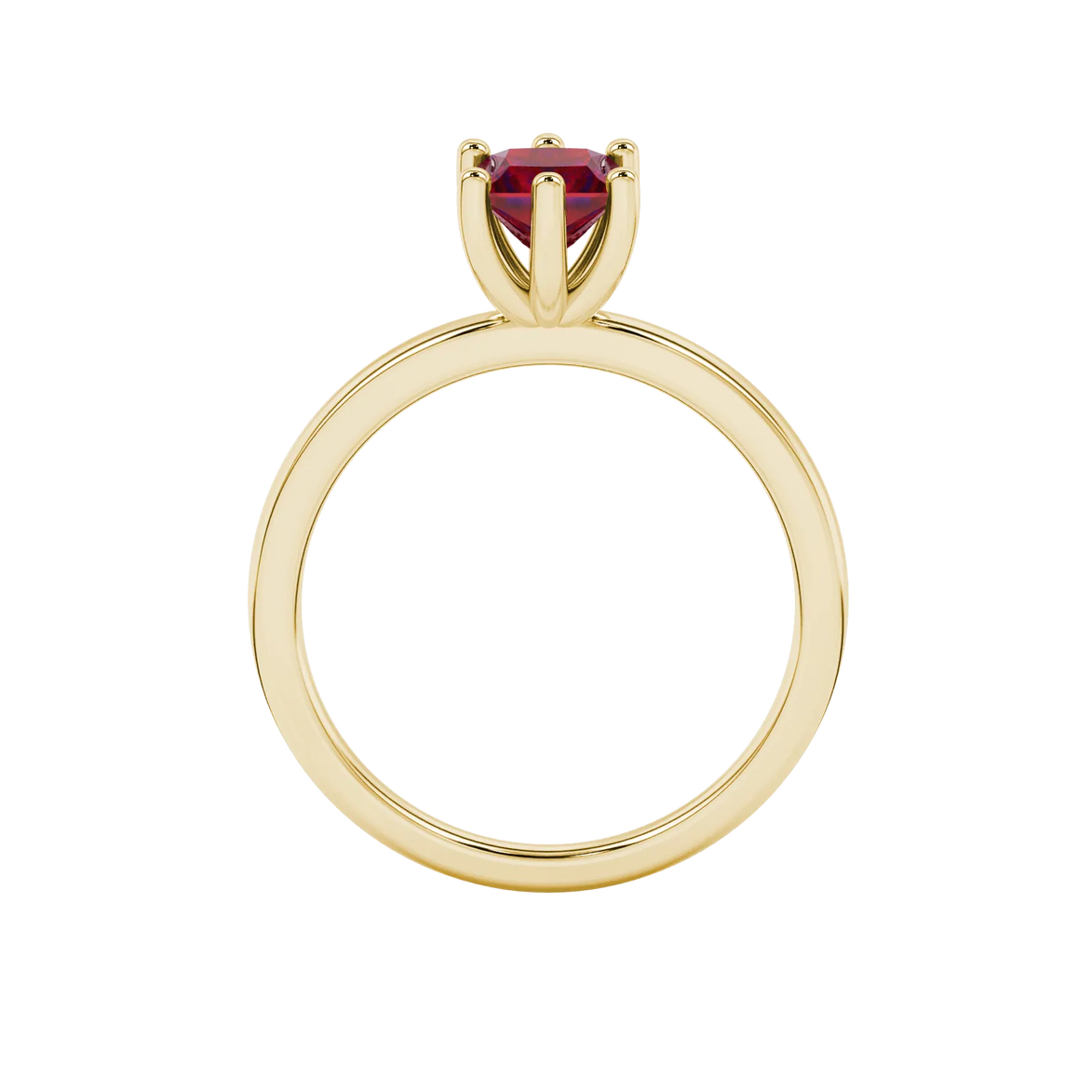 Princess raspberry red gemstone ring, yellow gold six-prong setting.