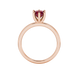 Princess raspberry red gemstone ring, rose gold six-prong setting.