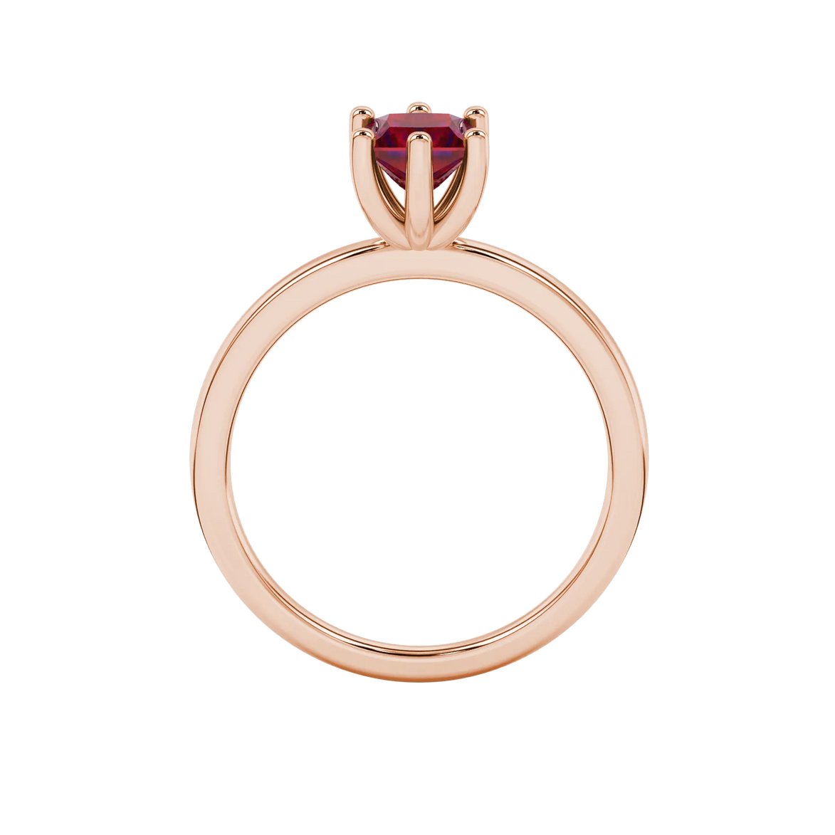Princess raspberry red gemstone ring, rose gold six-prong setting.