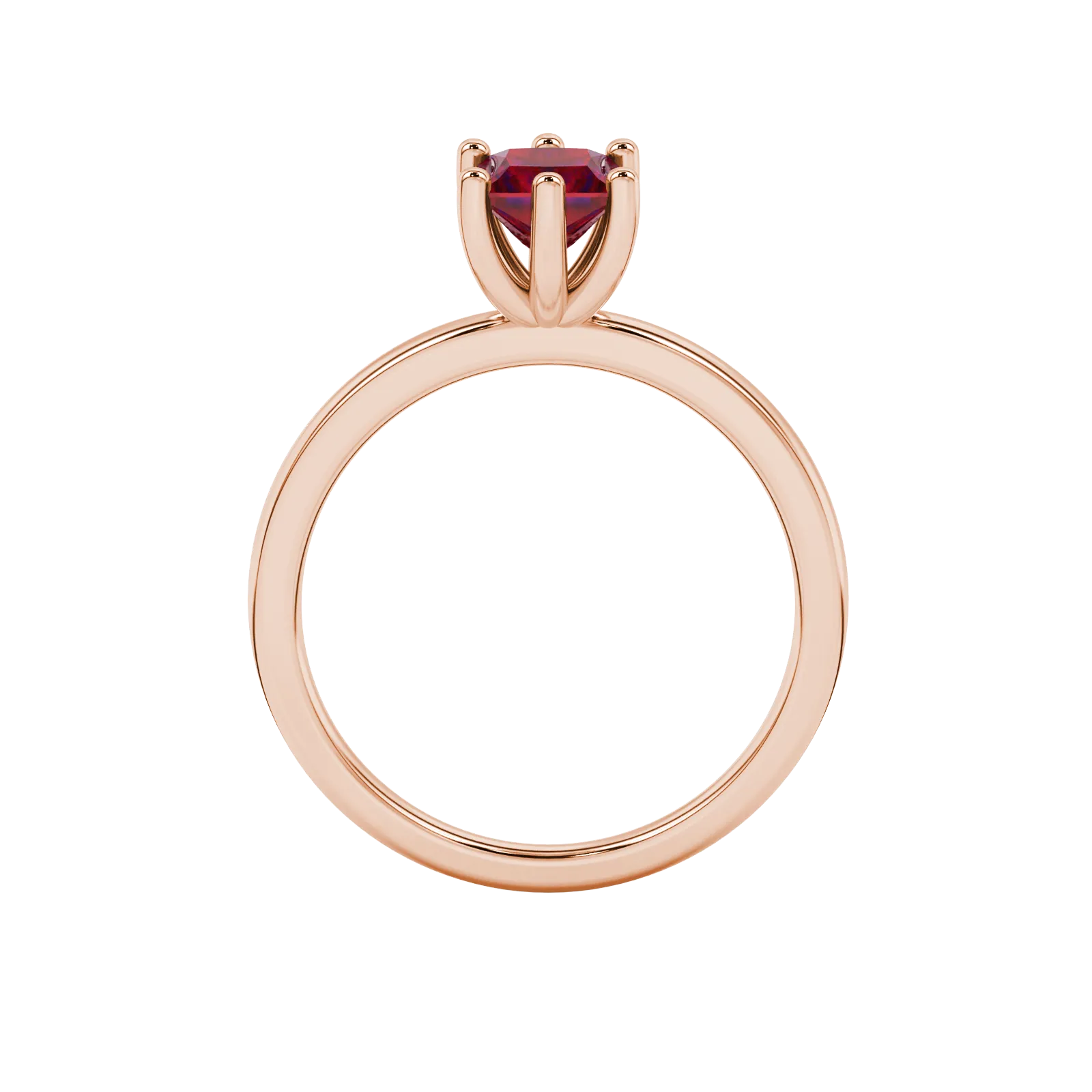 Princess raspberry red gemstone ring, rose gold six-prong setting.