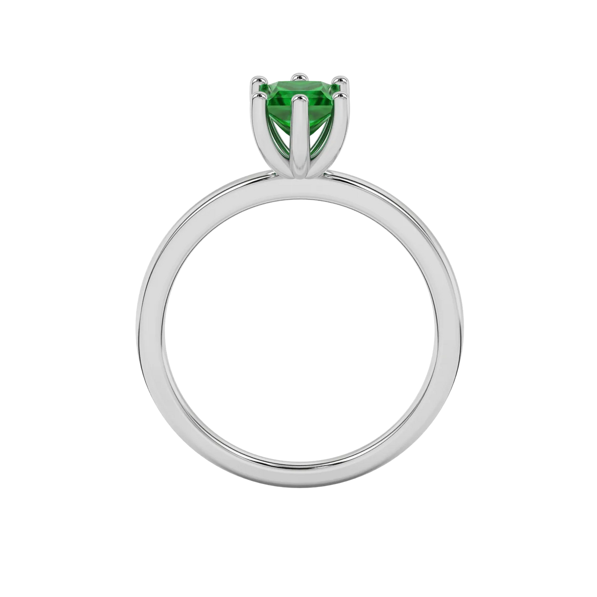 Princess emerald green gemstone ring, white gold six-prong setting.