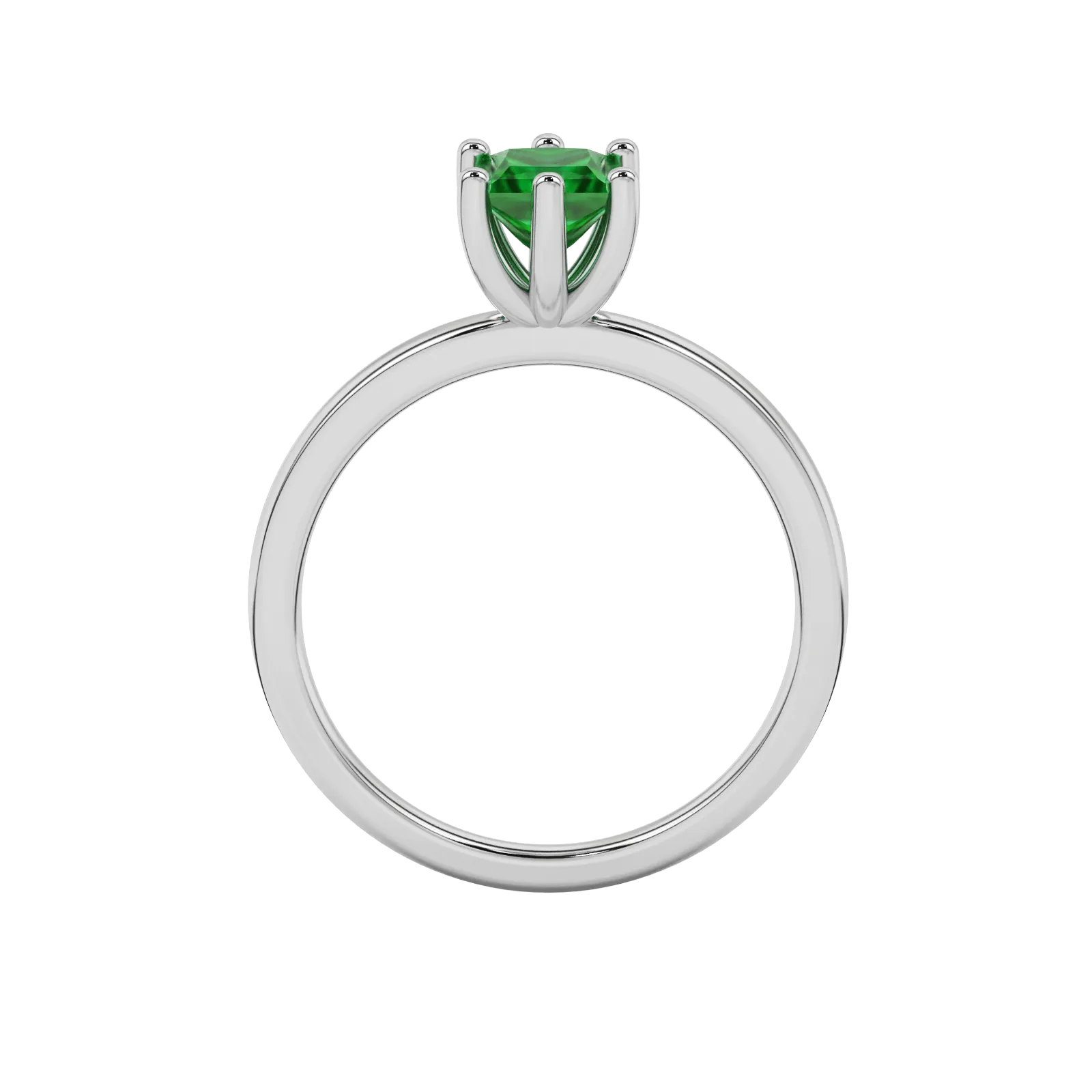 Princess emerald green gemstone ring, white gold six-prong setting.