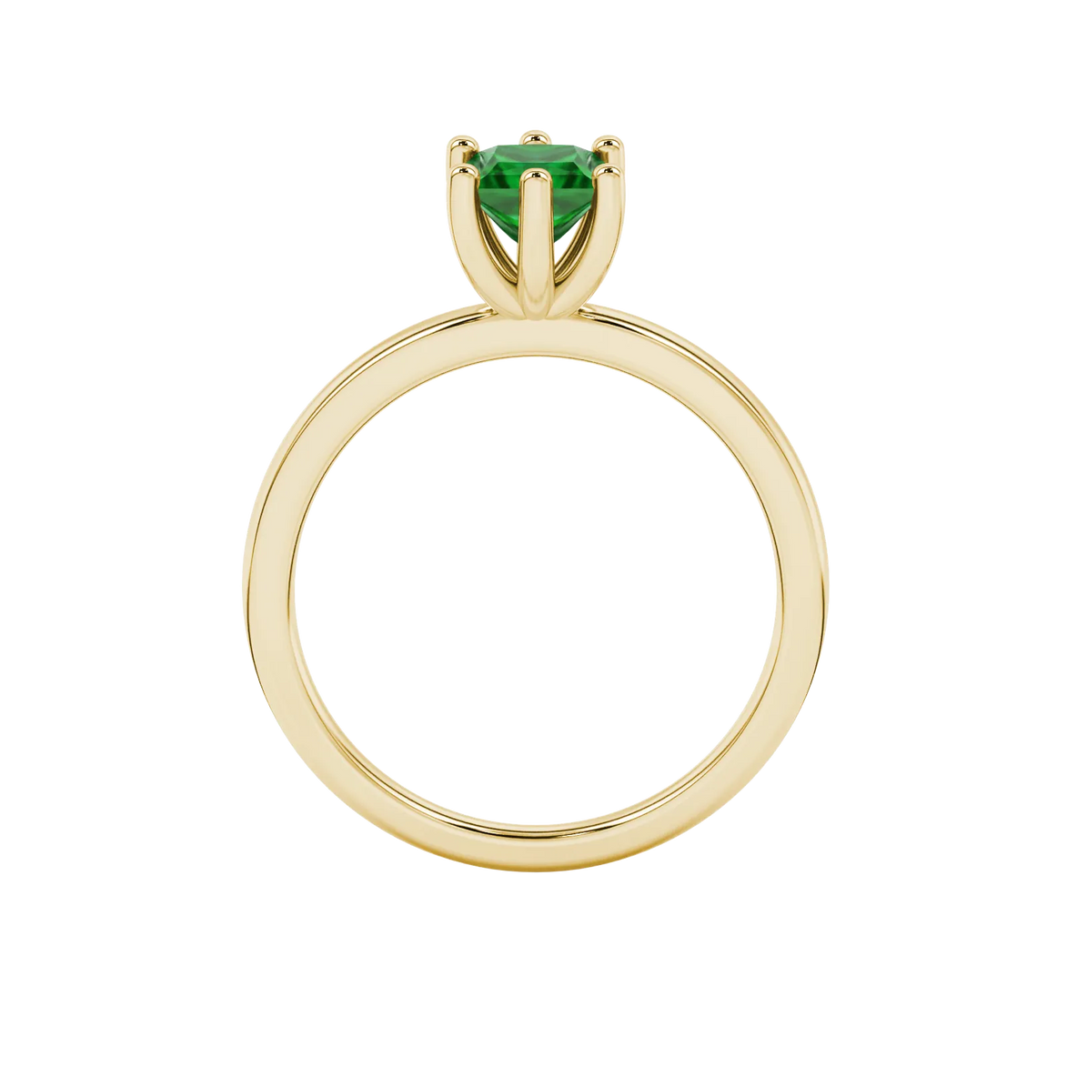 Princess emerald green gemstone ring, yellow gold six-prong setting.