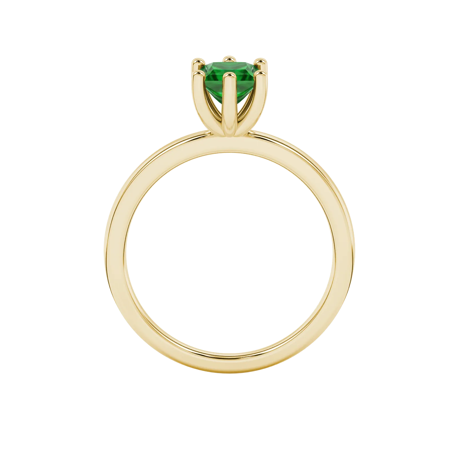 Princess emerald green gemstone ring, yellow gold six-prong setting.