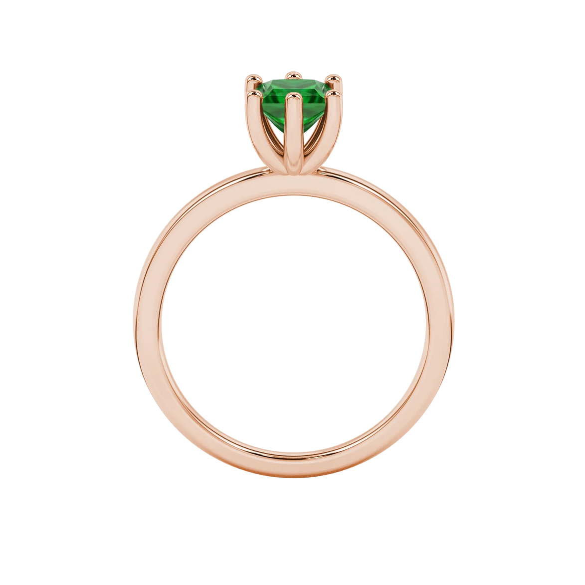 Princess emerald green gemstone ring, rose gold six-prong setting.
