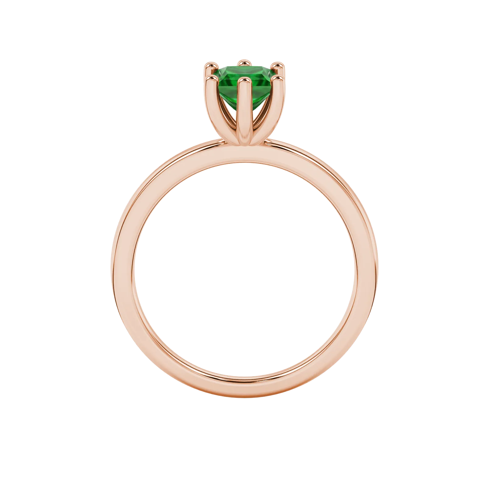Princess emerald green gemstone ring, rose gold six-prong setting.