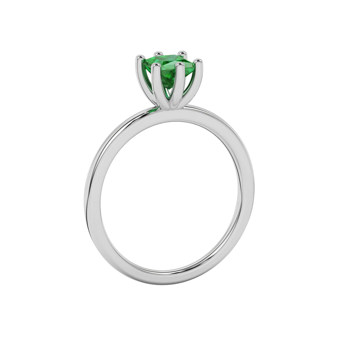 Side profile, white gold emerald green ring, six-prong gallery.