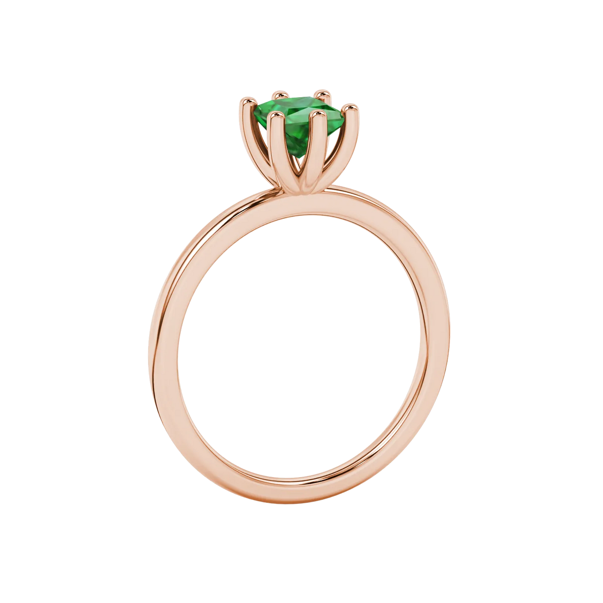 Side profile, rose gold emerald green ring, six-prong gallery.