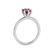 Side profile, white gold raspberry red ring, six-prong gallery.