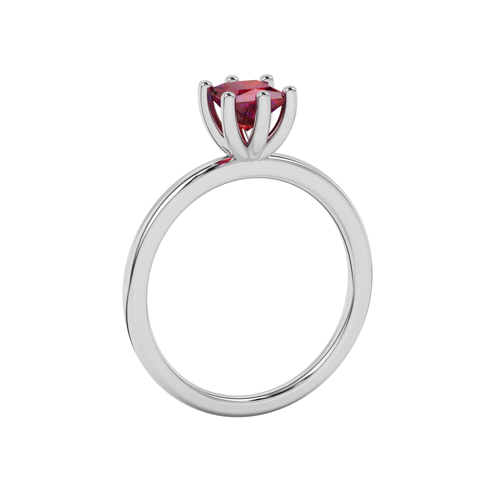 Side profile, white gold raspberry red ring, six-prong gallery.