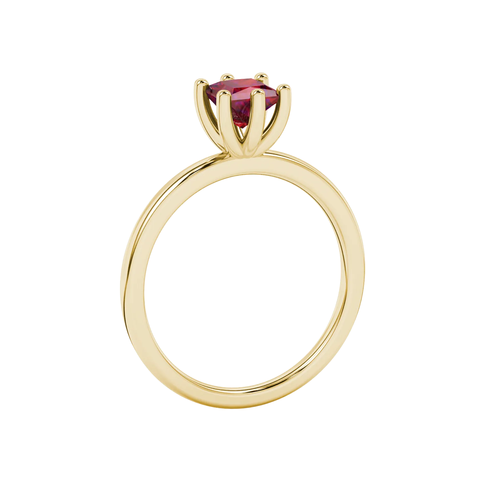Side profile, yellow gold raspberry red ring, six-prong gallery.
