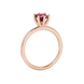 Side profile, rose gold raspberry red ring, six-prong gallery.