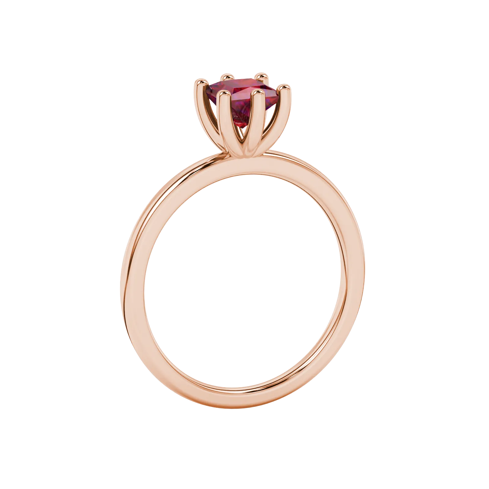 Side profile, rose gold raspberry red ring, six-prong gallery.