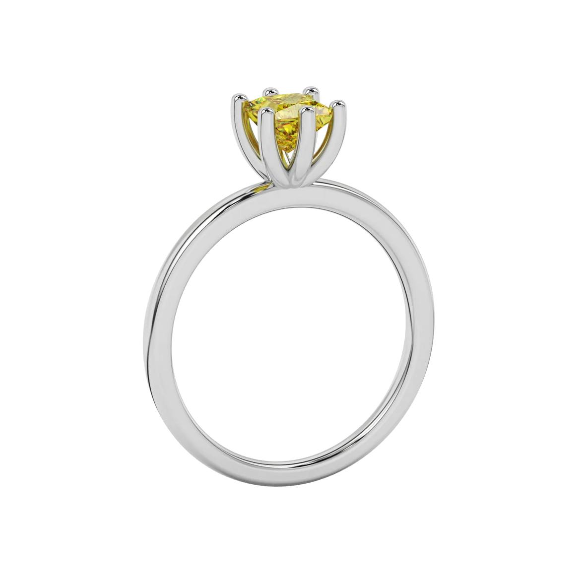 Side profile, white gold canary yellow ring, six-prong gallery.