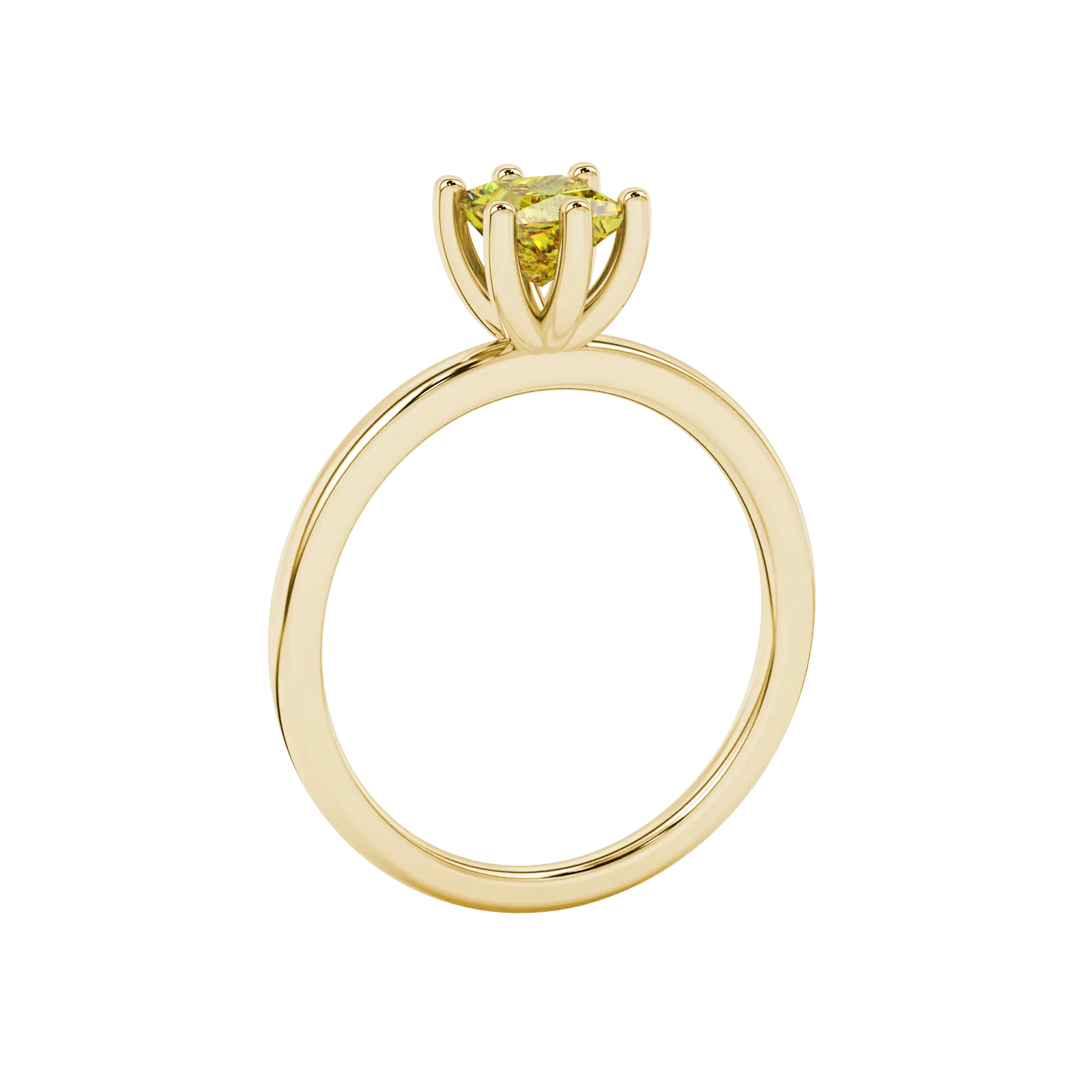 Side profile, yellow gold canary yellow ring, six-prong gallery.